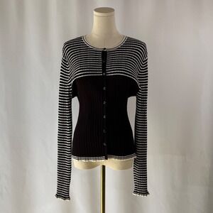 Hilliard Hanson Black White Stripe Button Front Ribbed Knit Cardigan SweaterTop